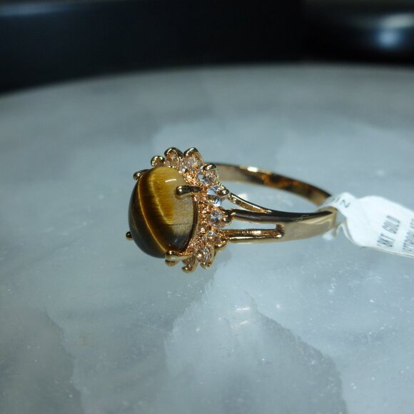 18k Gold EP Tiger's Eye Swarovski Crystal Dolphin Ore Ring Size 10 - Picture 6 of 10